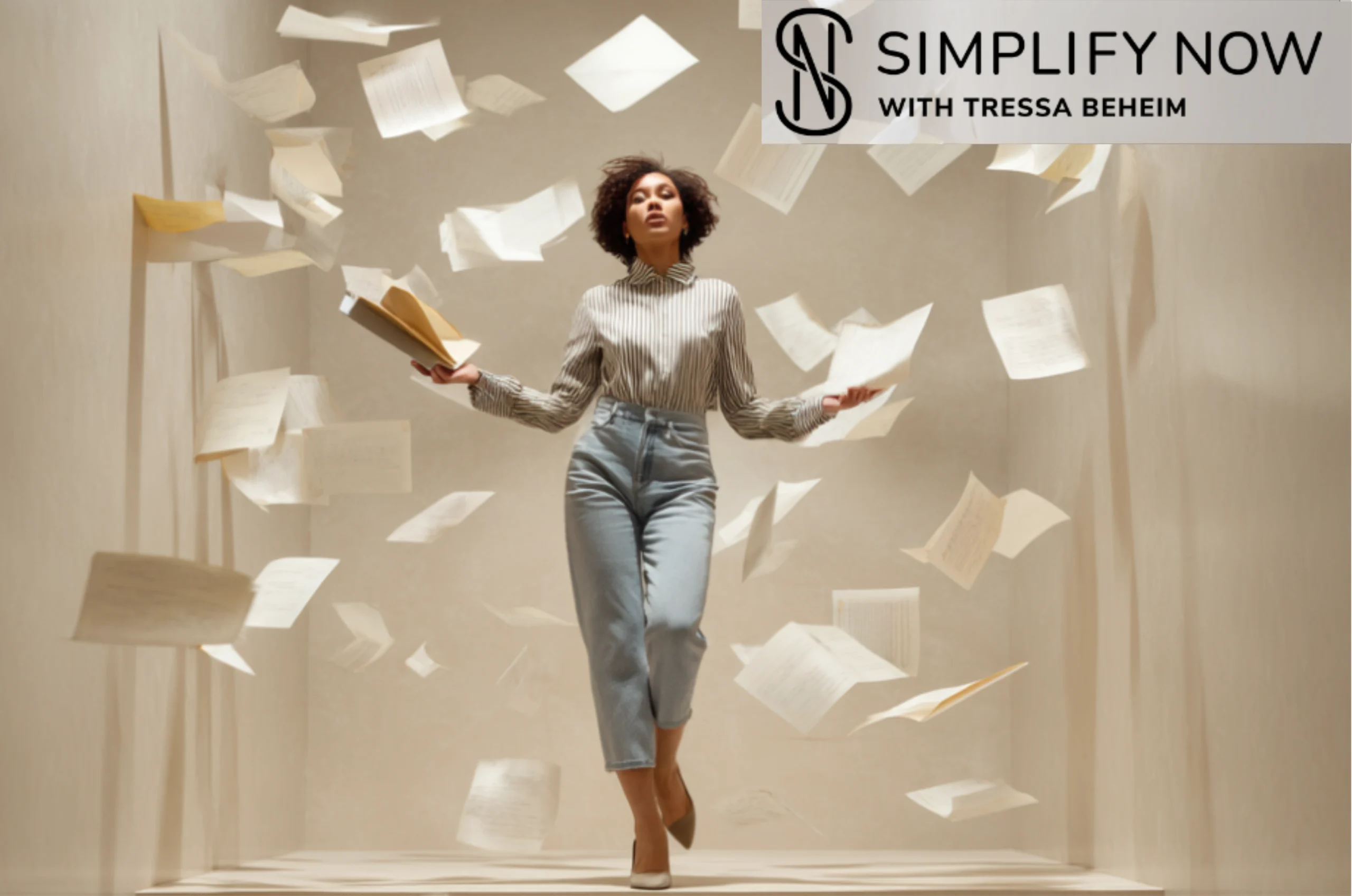 A woman standing in a middle of floating pieces of paper representing the messy middle.